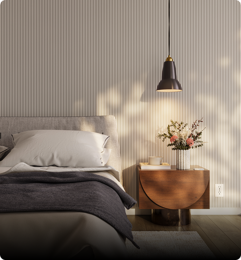 A cozy bedroom with morning sunlight and side lamp