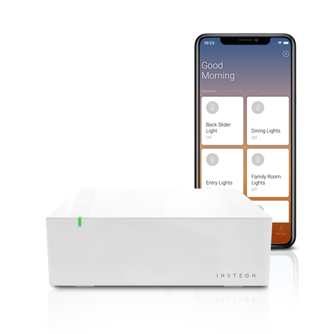 Insteon Hub 2 controller with an example of Director mobile app screen